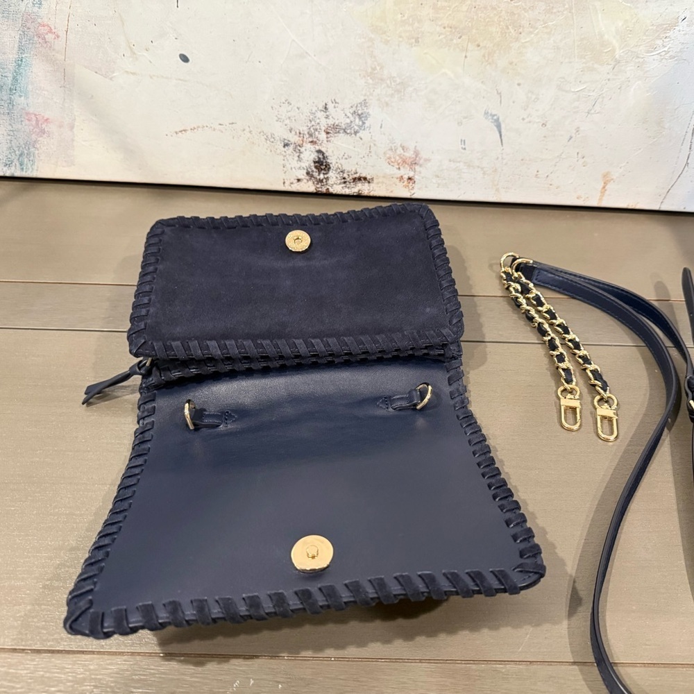 Tory Burch Marion Suede Crossbody Clutch Navy Blue Gold Chain Whipstitch Bag - Picture 8 of 12